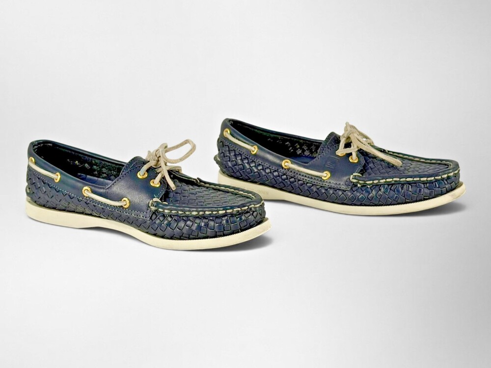 Sperry Top-Sider Womens 9M Navy Woven Leather Boat Shoes Moc Toe Comfort